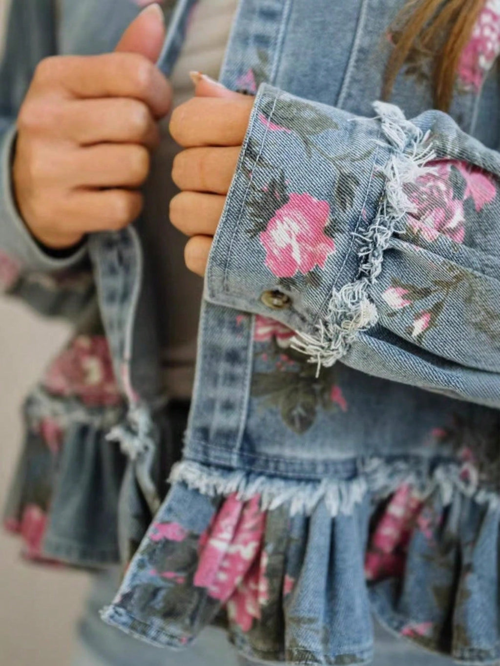 Women's Retro Floral Print Denim Jacket – Long Sleeve Collared Ruffled Hem Short Jacket