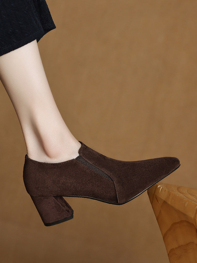 Women's Suede Pointed Toe Chunky Heel Pumps – Deep Vamp Low Heel
