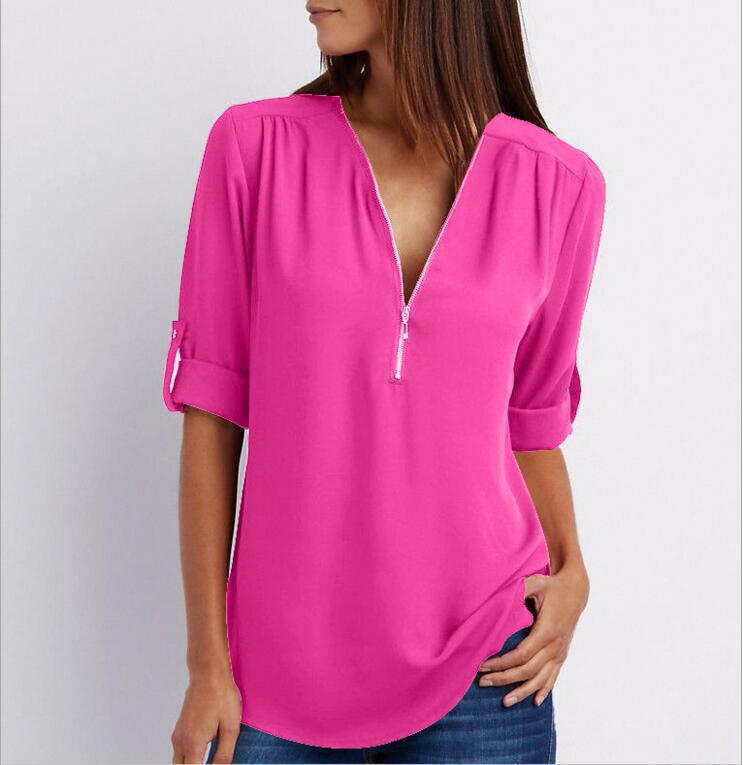 Women's Short-Sleeve Zip V-Neck Loose Top