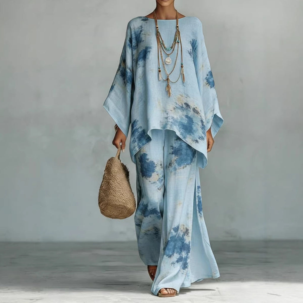 Floral Print Bamboo Linen Two-Piece Set | Wide-Leg Pants