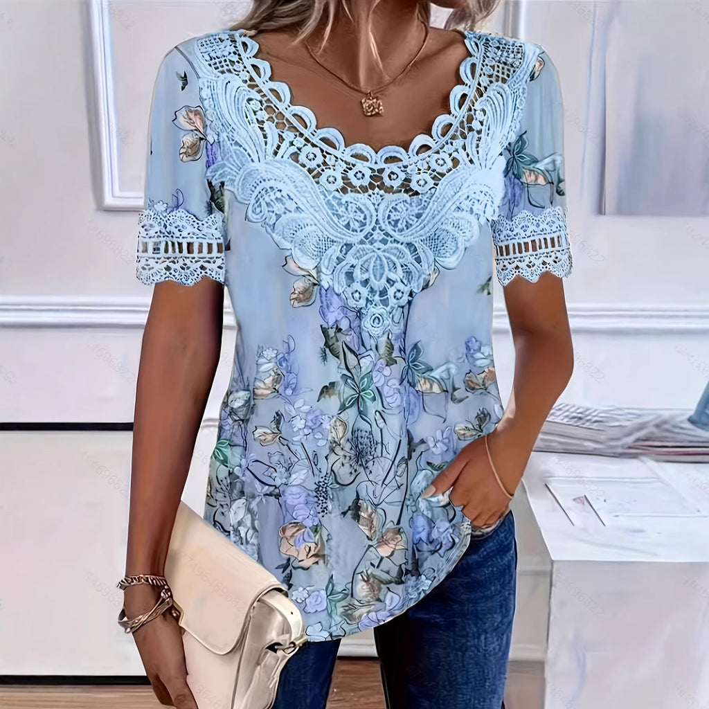 Women's Lace Patchwork Crew Neck Short Sleeve T-Shirt