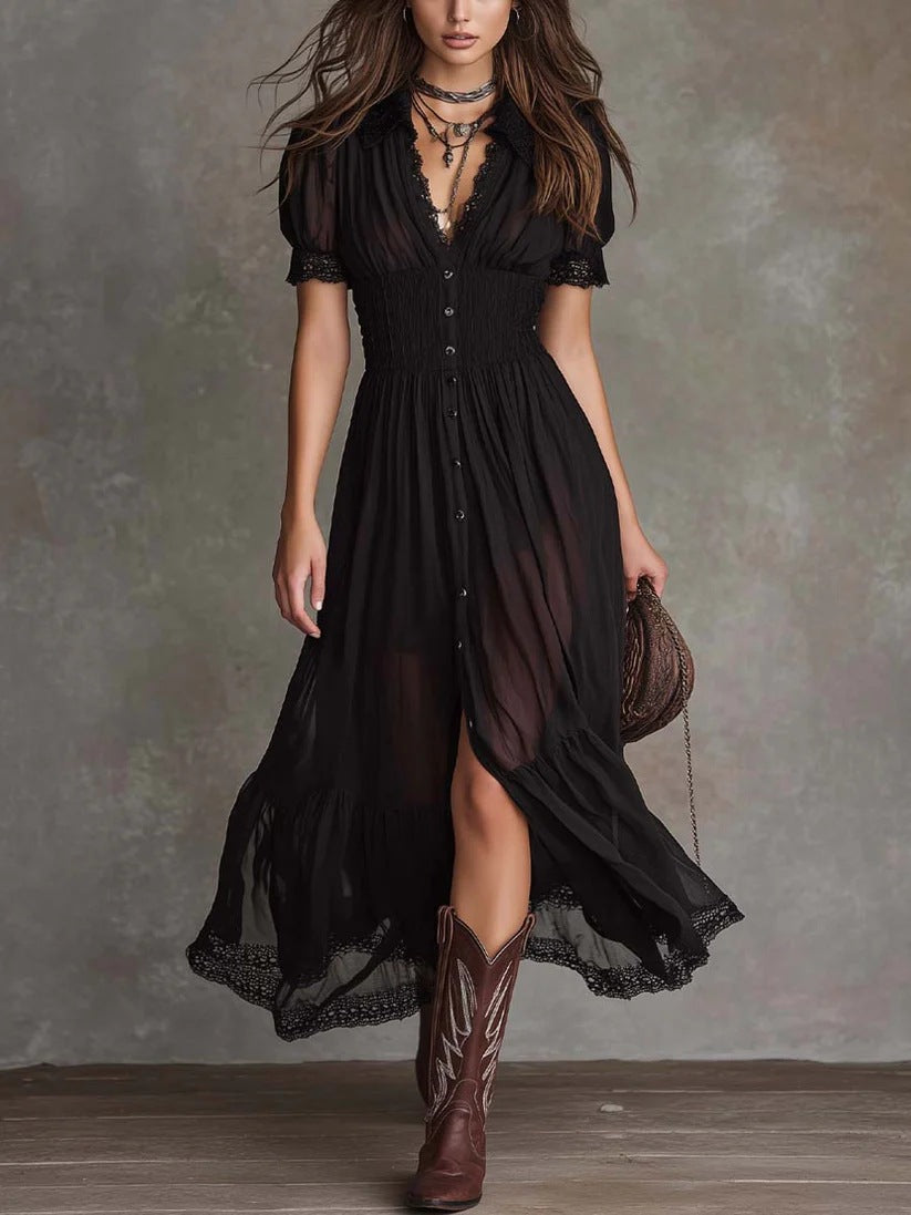 Women's Short Sleeve Bodycon Maxi Dress | Ruffled Hem Side Slit Dark Chic Dress in Black
