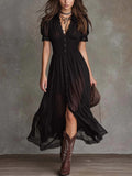 Women's Short Sleeve Bodycon Maxi Dress | Ruffled Hem Side Slit Dark Chic Dress in Black