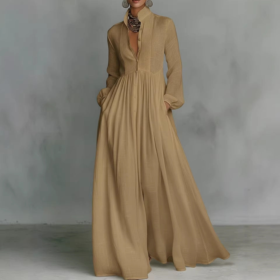 Women's French Style Long Sleeve Pleated A-Line Maxi Dress