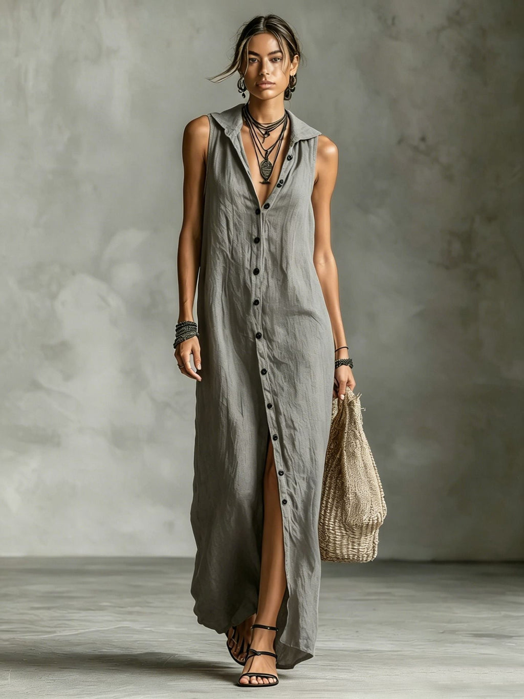 Women's Sleeveless Deep V-Neck Hooded Loose Maxi Dress – 6 Colors XS–3XL