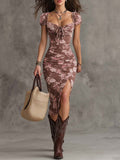 Women's Vintage Puff-Sleeve High-Waist Split Maxi Dress