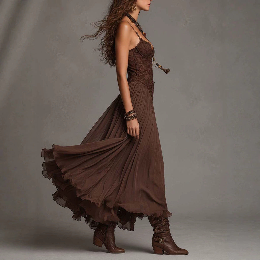 Chiffon V-Neck Backless Flowy Maxi Dress – Women's Elegant A-Line Long Dress
