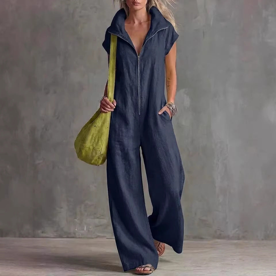 Women's Loose Sleeveless Jumpsuit with Pockets – Linen-Look