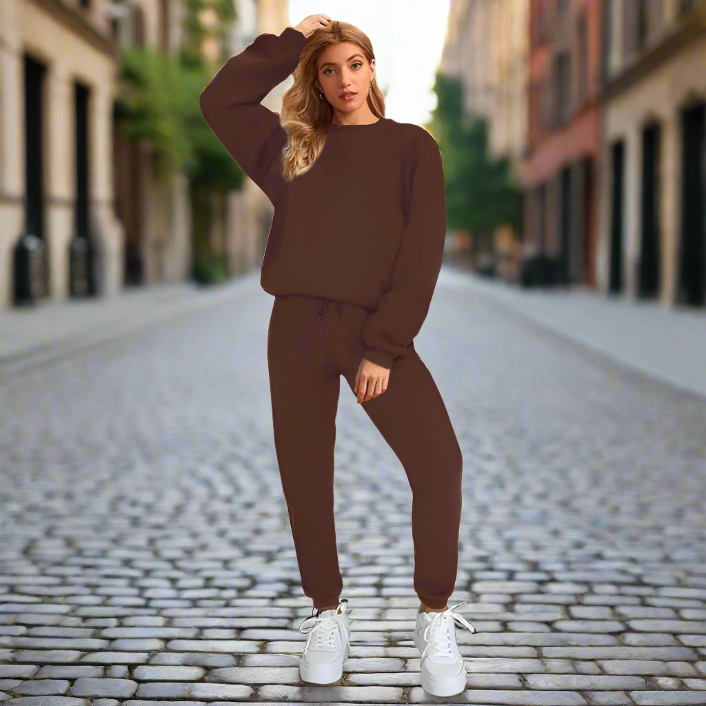 👚 Women's Solid Color Round Neck Pullover Sweatshirt & Pants Set