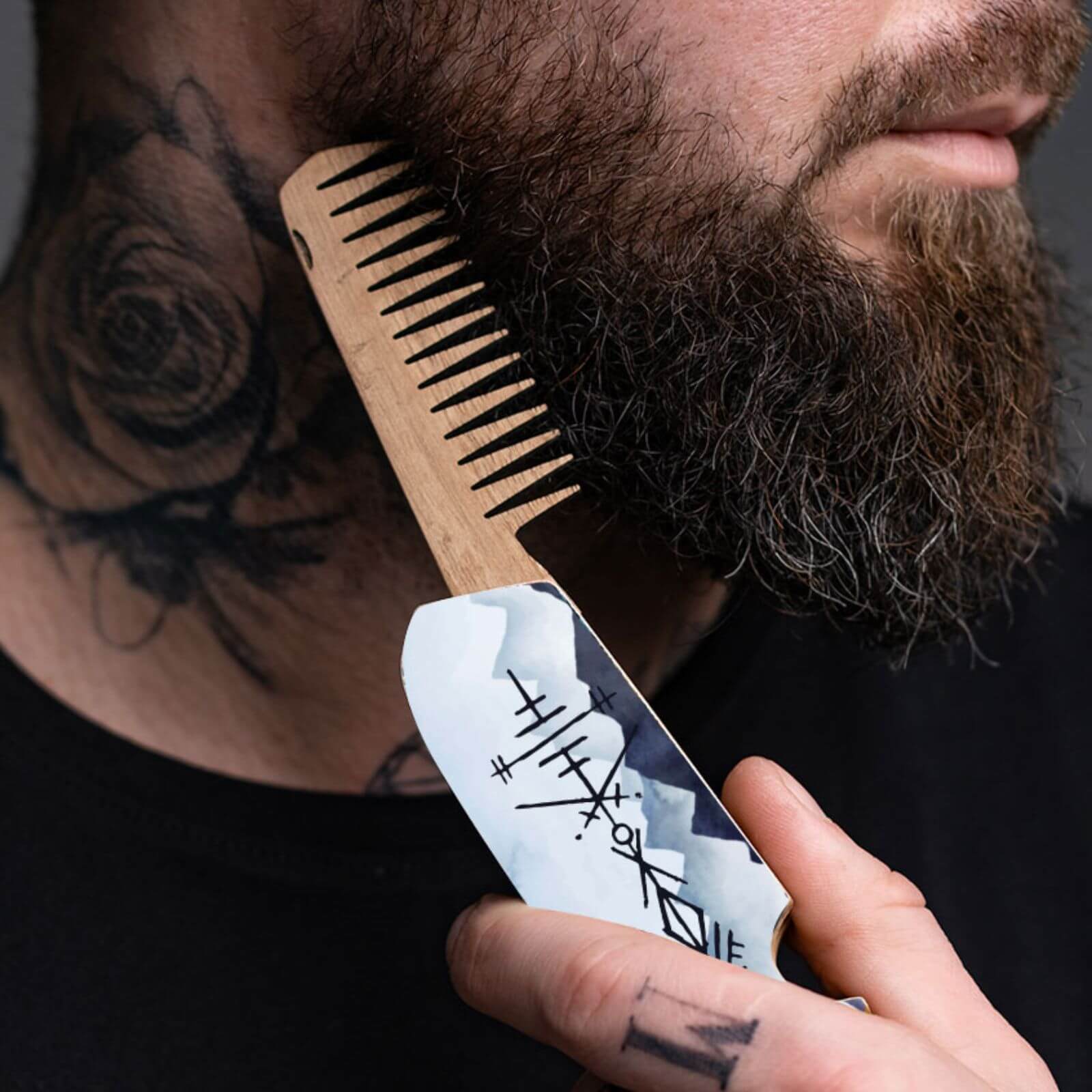 Wooden Beard Comb - Mountain Runes