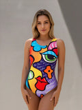 Pop Art Face Print One-Piece Swimsuit – Women's Bold Colorful Scoop Neck Swimwear