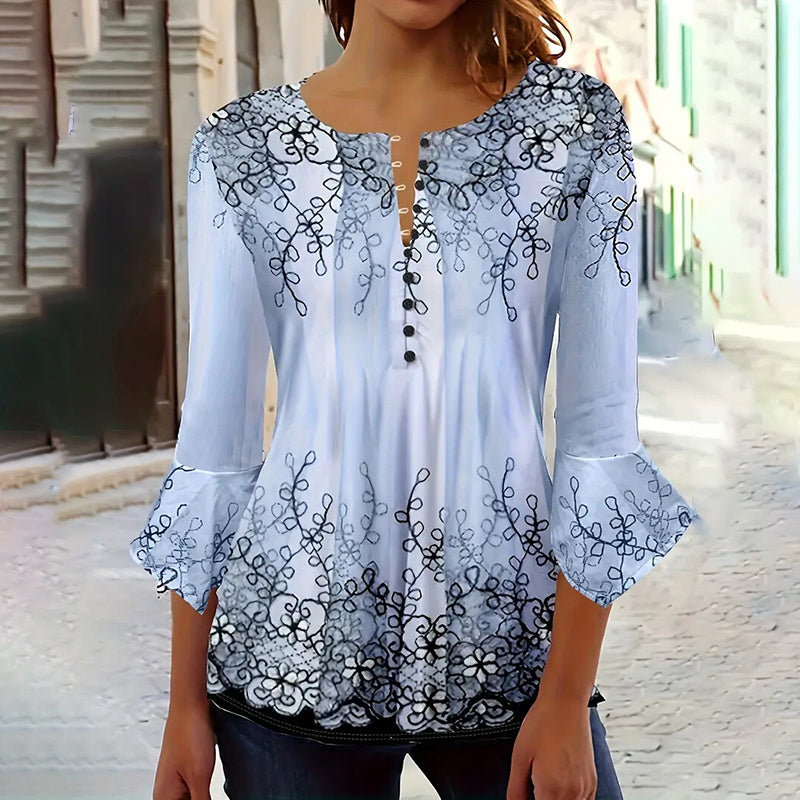 Women’s V-Neck 3/4 Sleeve Button-Front Tunic Blouse