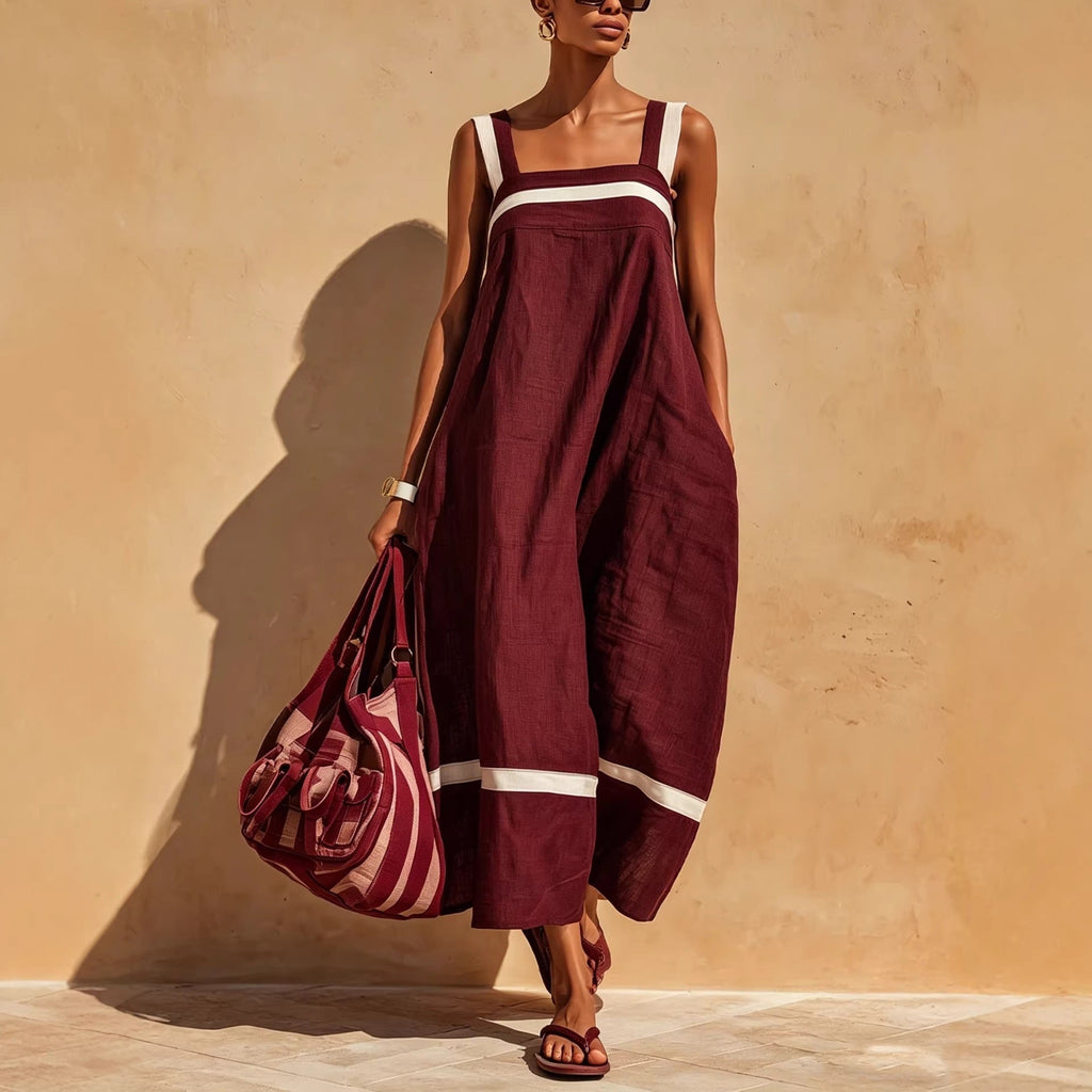 Women's Contrast Strap Casual Loose Midi Dress – Linen Blend