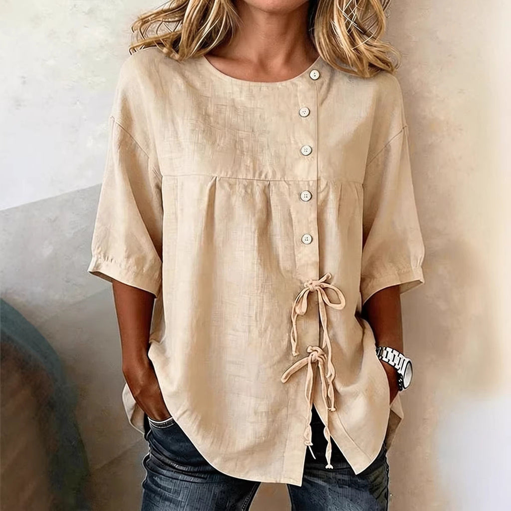 Women's Lace-Up Button Shirt – 3/4 Sleeve Asymmetric
