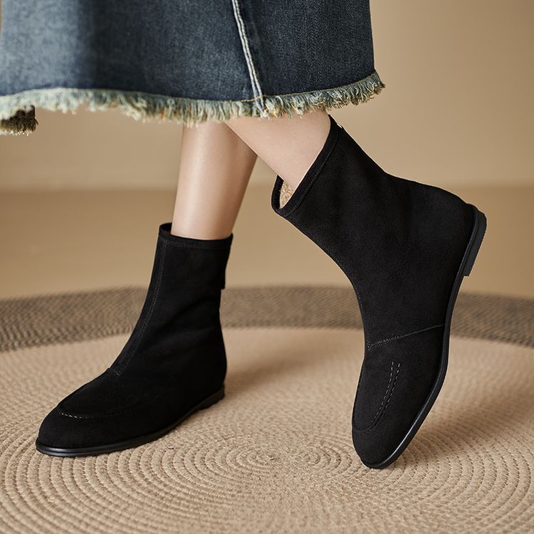 Women’s Fleece-Lined Ankle Boots – Round Toe Low Heel Winter Boots