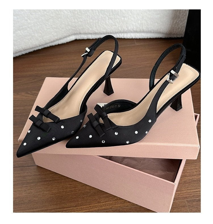 Women's Closed Toe Slingback Stiletto Heels – Bowknot & Rhinestone Sandals