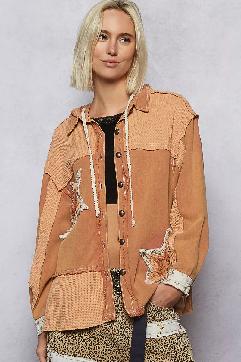 POL Button Down Hooded Jacket with Star Patch Pattern