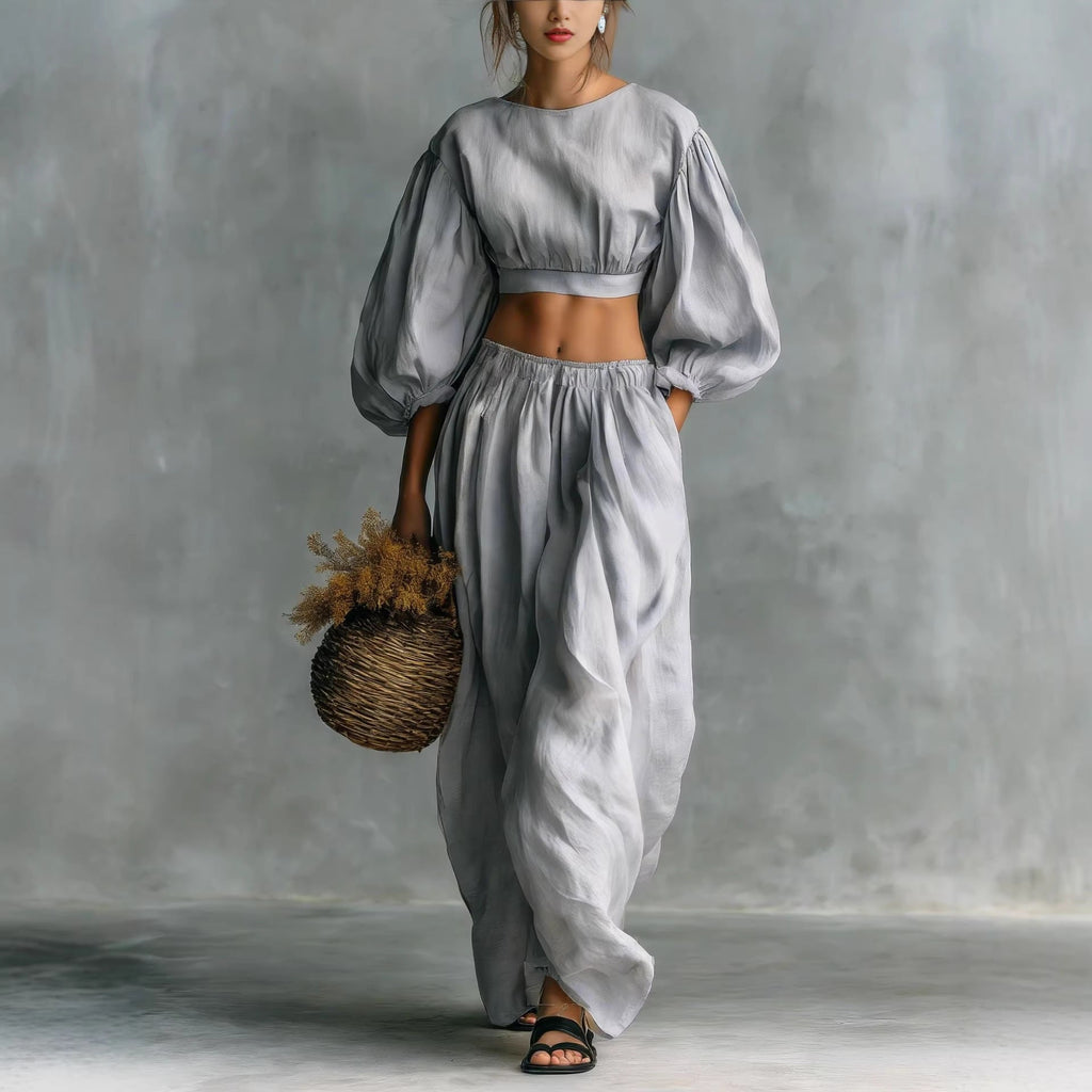 Women's Puff-Sleeve Crew-Neck Two-Piece Set with Pockets