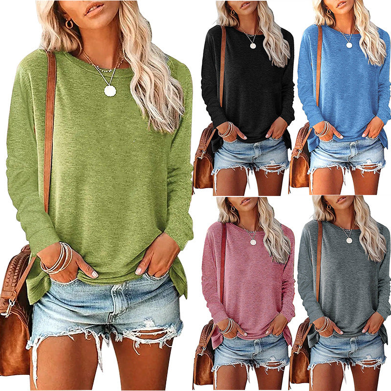 Women's Solid-Color Long-Sleeve Crew-Neck Pullover T-Shirt