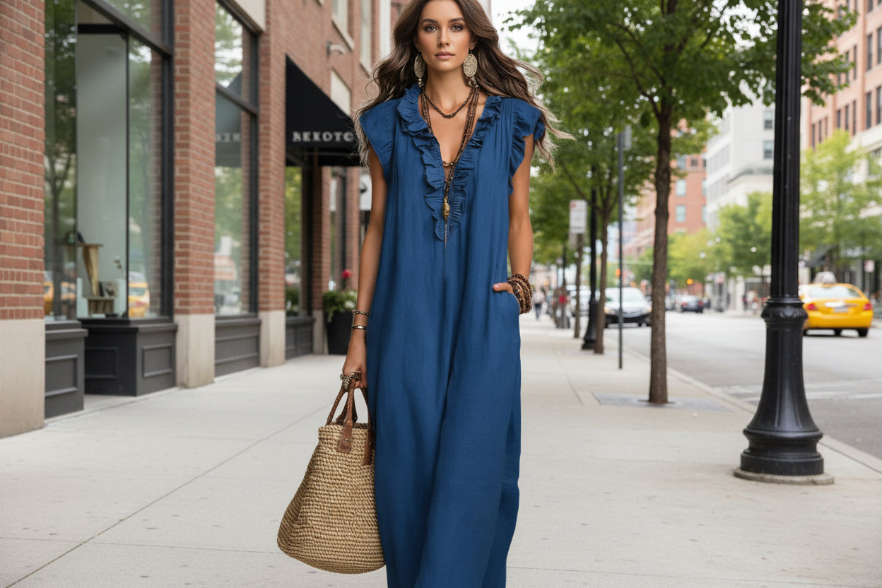Women's Sleeveless Ruffle Pocket Maxi Dress