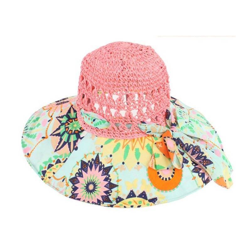 Women's Patterned Straw Beach Sun Hat – Round Crown UV Protection Summer Hat