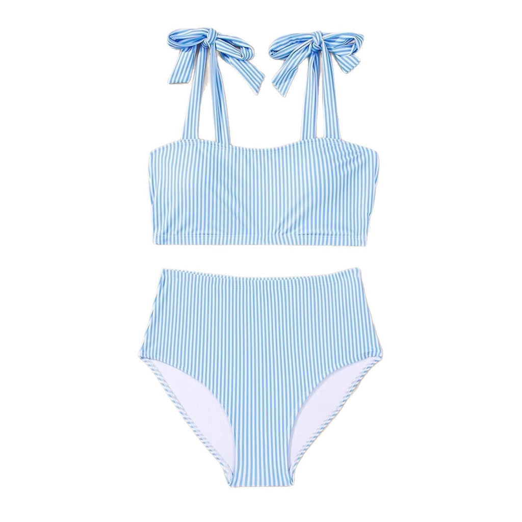 Tie-Shoulder Striped High-Waisted Bikini Set – Two-Piece Swimsuit for Women