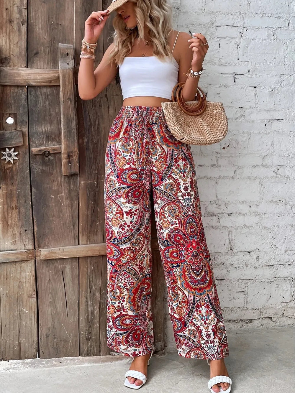 Women's Paisley Print Wide-Leg Pants – Boho Smocked Elastic Waist Tie-Up Flowy Trousers