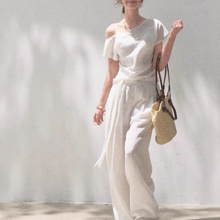 Linen Off-Shoulder Asymmetric Casual Set – 2 Colors, S–L