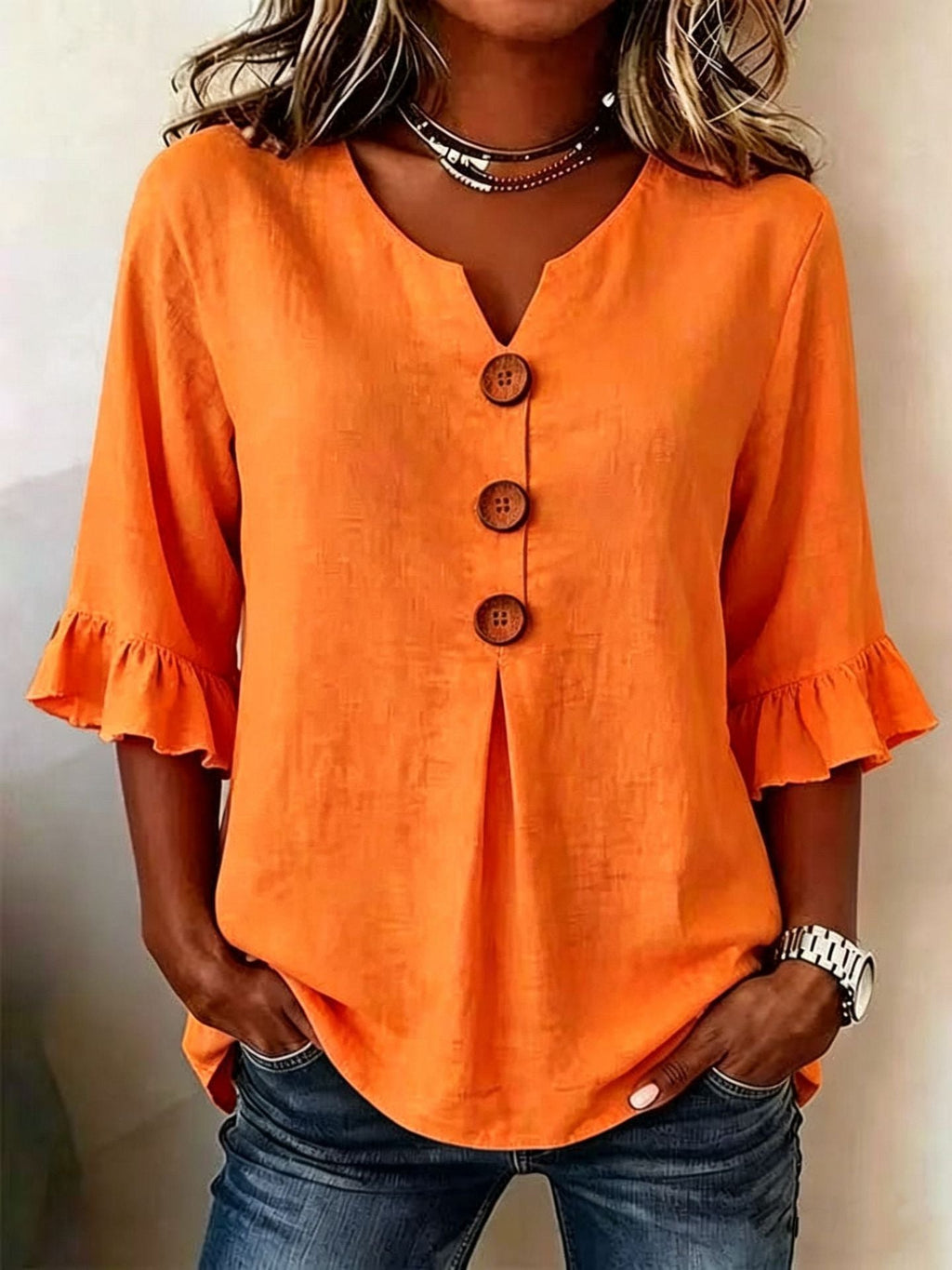 Women's Cotton Linen V-Neck Button-Up Blouse — Summer Casual Top