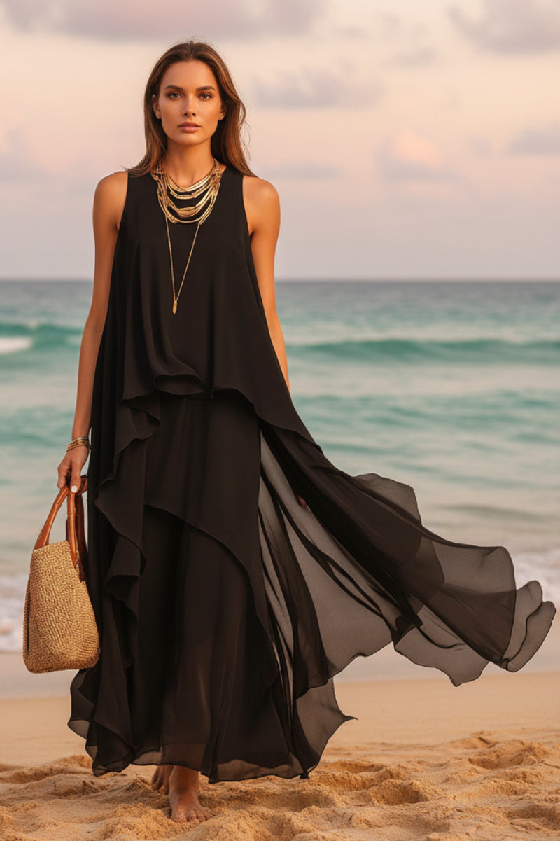 Black Asymmetrical Chiffon Maxi Dress – Flowy Sleeveless Boho A-Line Long Dress for Women