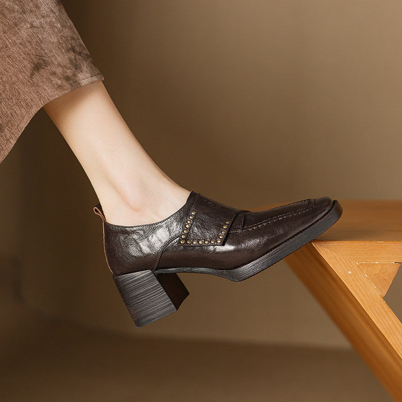 Women's British Style Square Toe Chunky Heel Pumps – Deep Vamp Studded