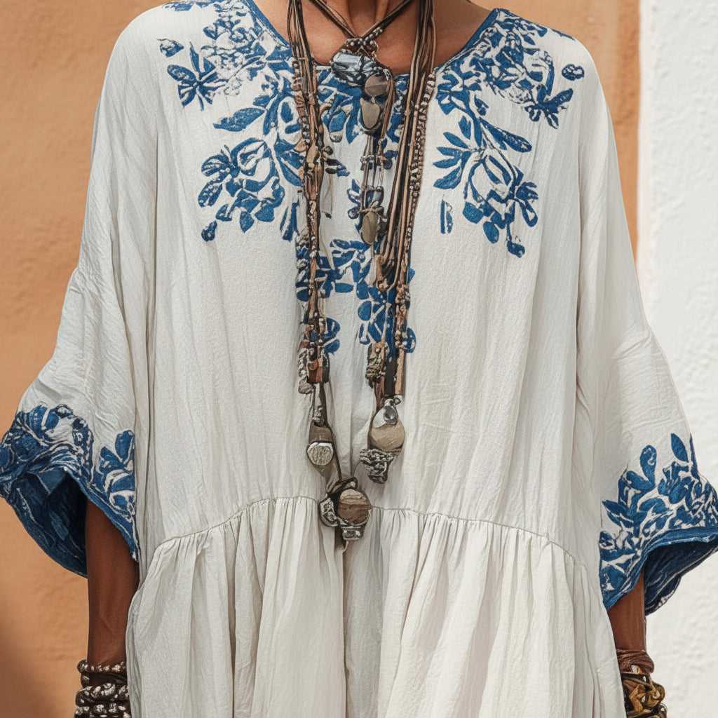Women's Printed Batwing Sleeve Midi Dress – Loose Fit Linen Blend