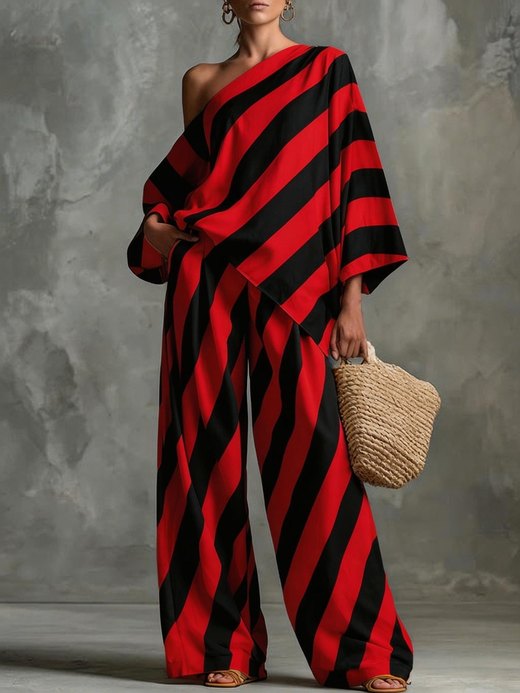 Women's Retro Striped Batwing Top & Wide-Leg Pants Set – Vintage 2-Piece