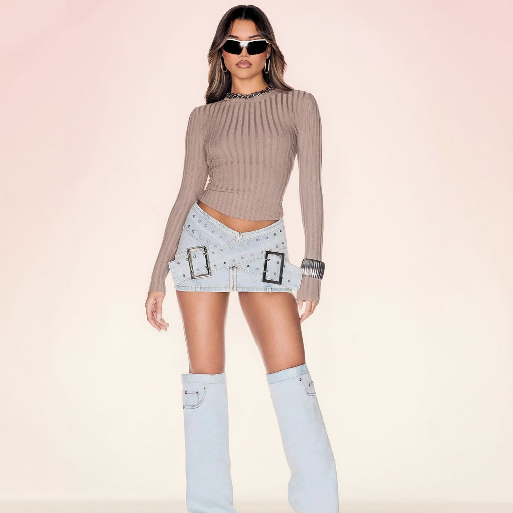 Women's Light Blue Denim Mini Skirt – Bodycon Cross-Over Buckle Design