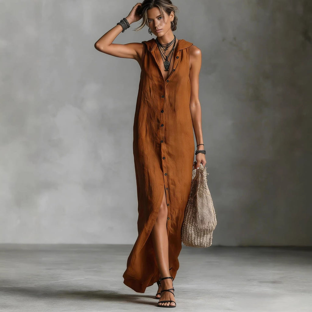 Women's Sleeveless Deep V-Neck Hooded Loose Maxi Dress – 6 Colors XS–3XL