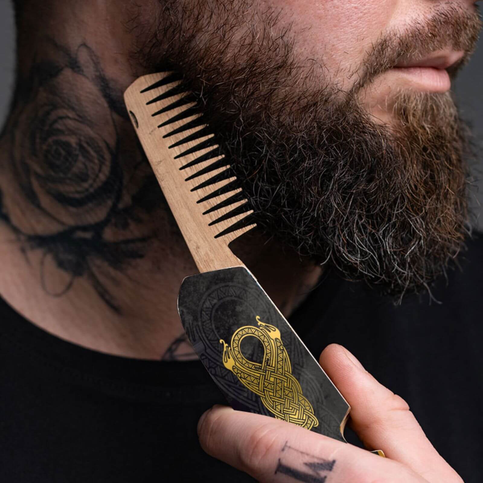 Wooden Beard Comb - Black Runes