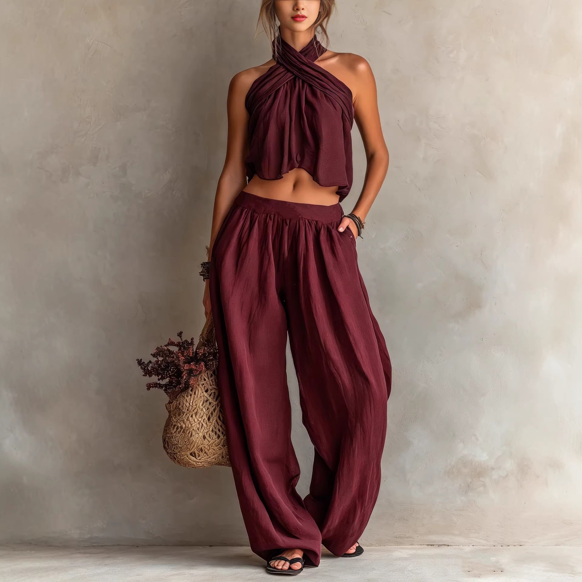 Women's Loose Sleeveless Top & Wide-Leg Pants Set – Linen Blend