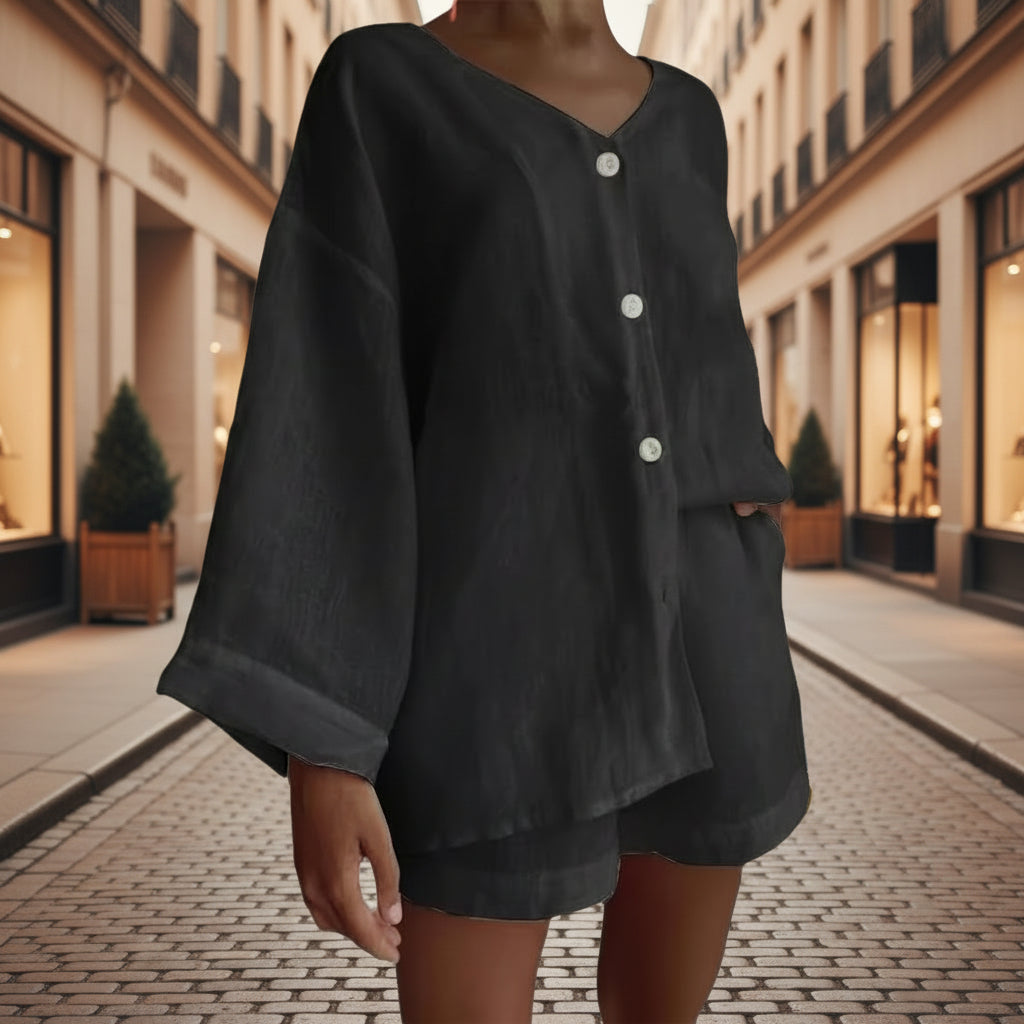 Women's Cotton Linen Shirt & Shorts Set – Long Sleeve, Button, Casual 2-Piece
