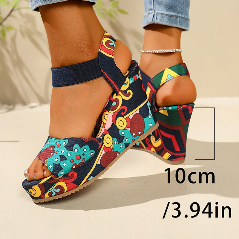 Women's Printed Platform Wedge Sandals with Elastic Ankle Strap