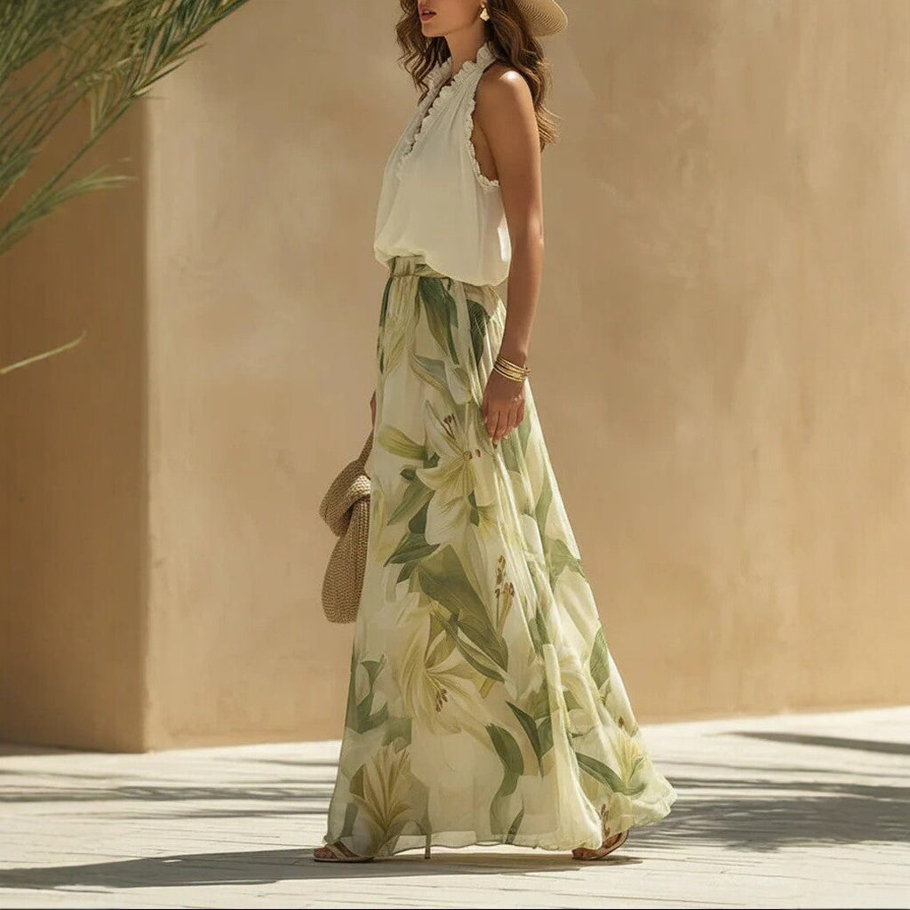 Waist-Cinching Ruffle-Hem Printed Maxi Dress – S–3XL