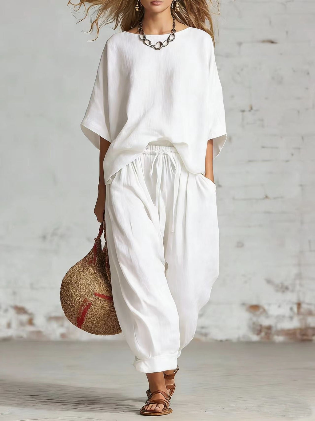 Women's Solid Color Loose Casual Set – T-Shirt & Ankle Pants