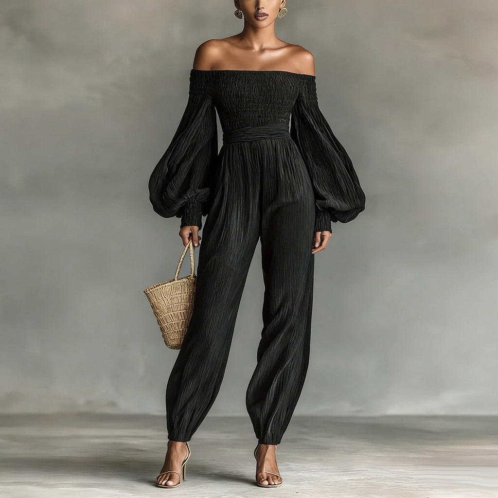 Women's Off-Shoulder Lantern Sleeve Pleated Loose Jumpsuit
