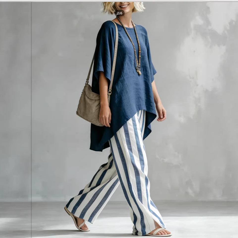 Women's Striped Batwing-Sleeve Loose Linen Two-Piece Set