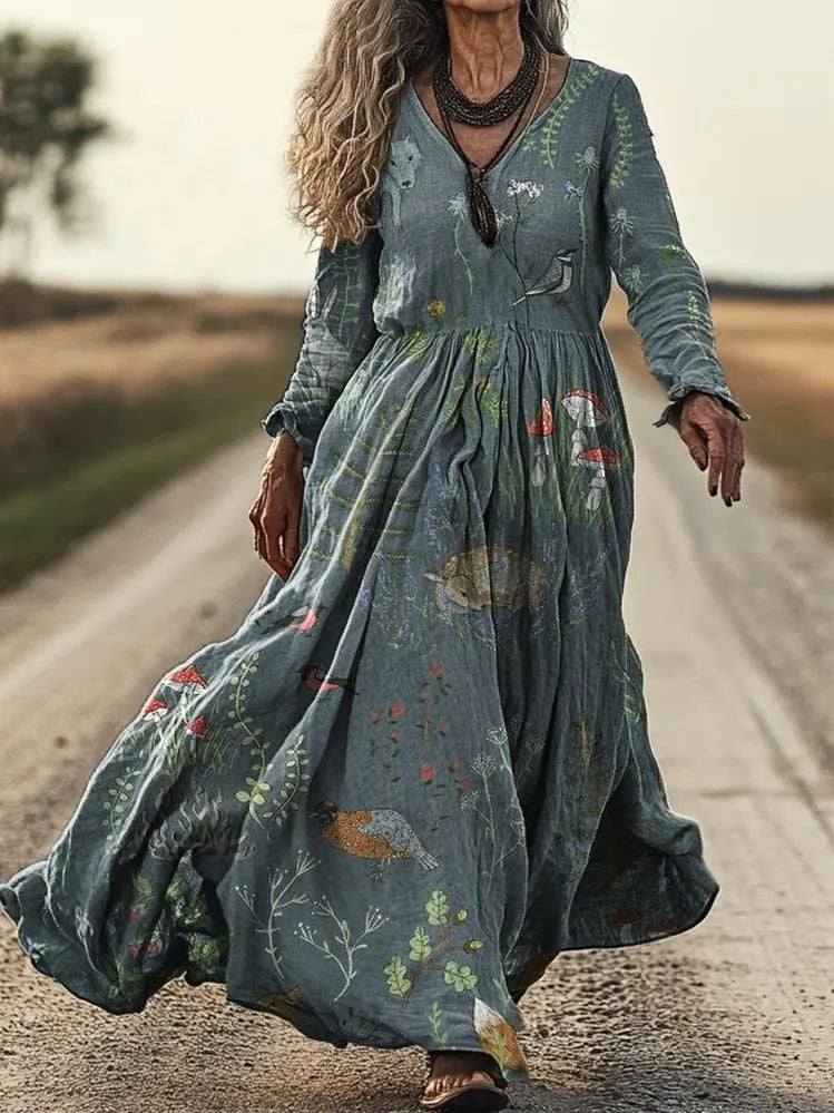 Women's Retro Chic 3D Print V-Neck Long-Sleeve A-Line Dress
