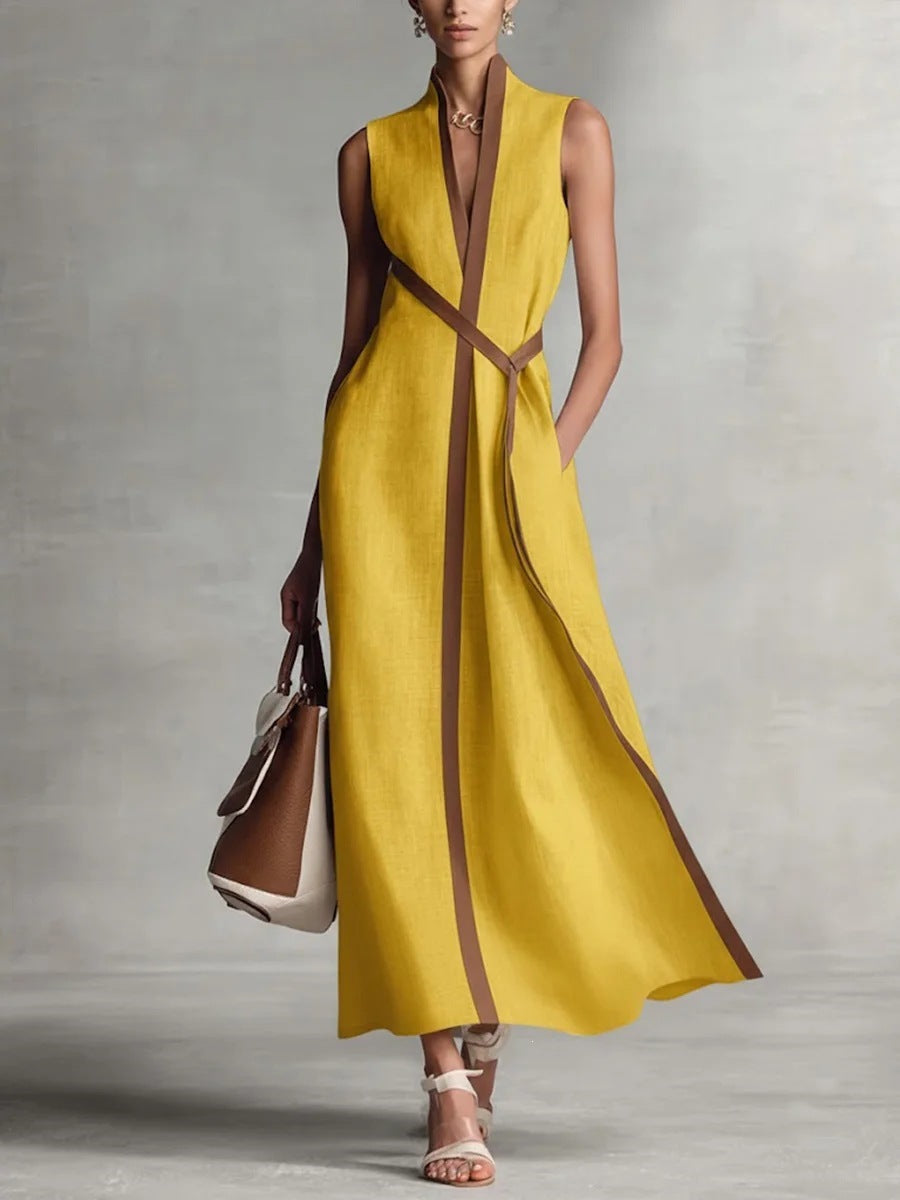 Women's Color Block Sleeveless Stand Collar Dress