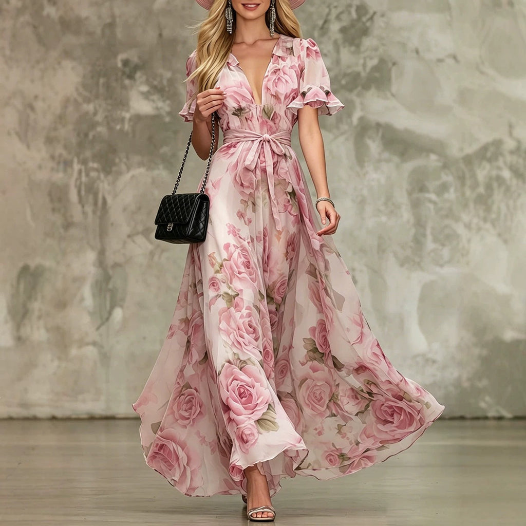 Women's Deep V-Neck Ruffle Sleeve Printed Maxi Dress – High Waist
