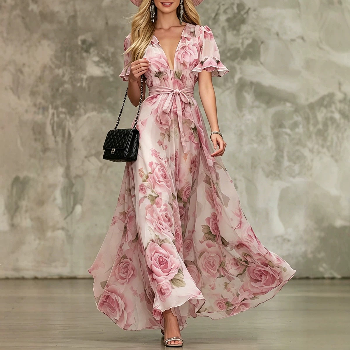 Women's Deep V-Neck Ruffle Sleeve Printed Maxi Dress – High Waist