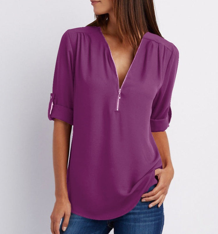Women's Short-Sleeve Zip V-Neck Loose Top