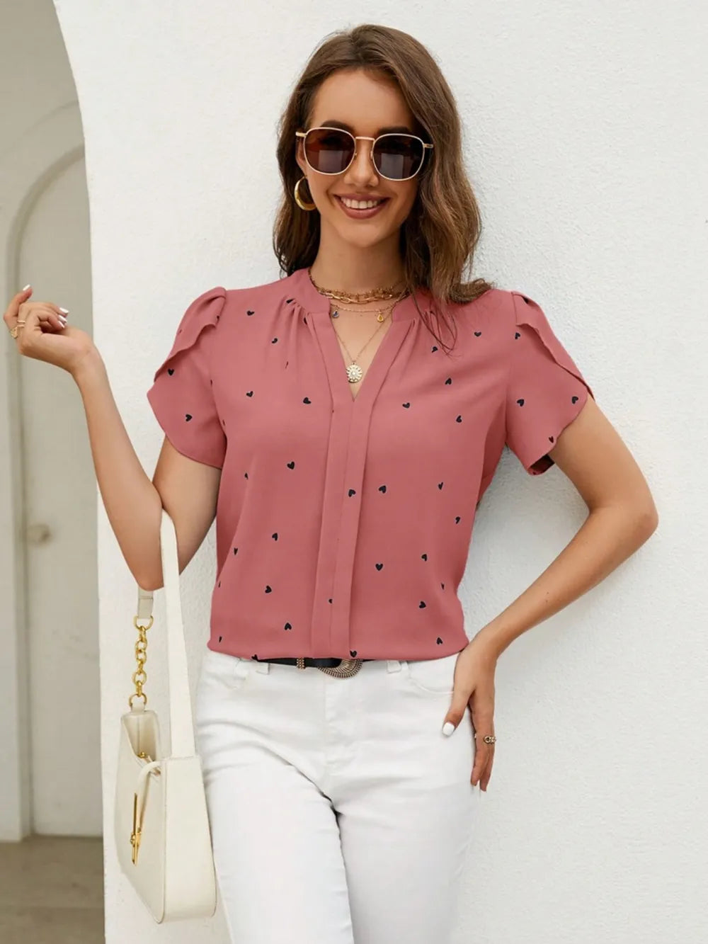Women's V-Neck Heart Print Blouse – Petal Sleeve Pleated Front Elegant Top