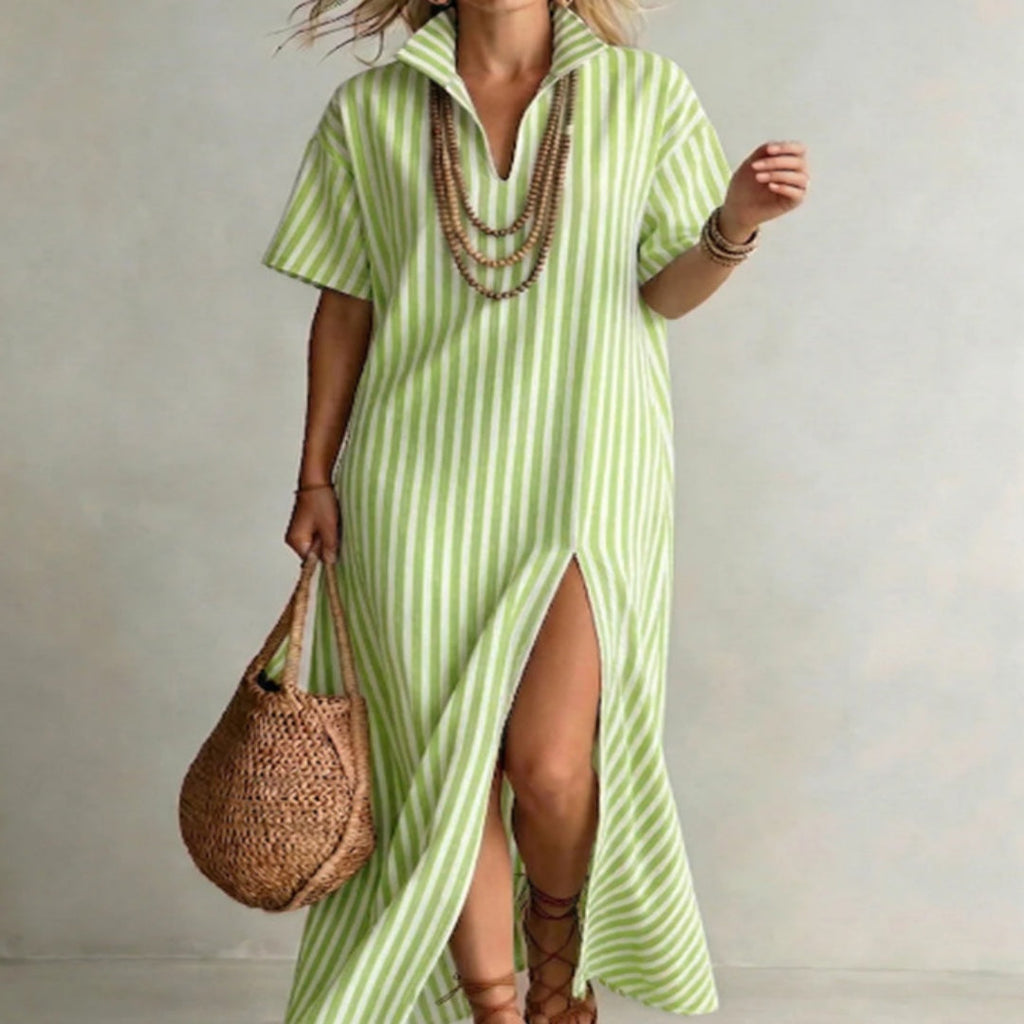 Women's Striped Slit Maxi Dress – V-Neck Short Sleeve
